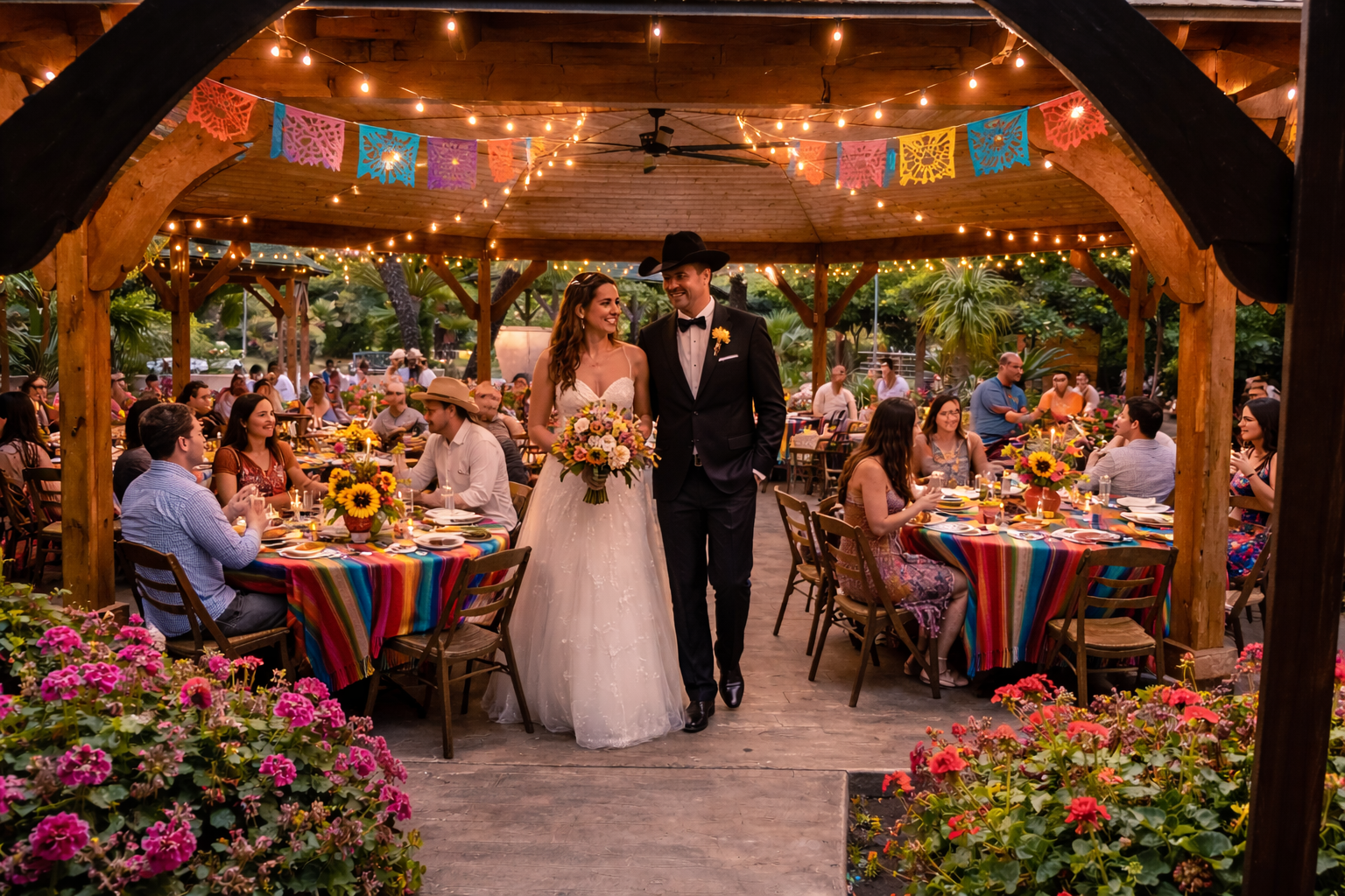 A bride and groom walking into their wedding reception, smiling and looking at each other, with guests seated at colorful tables under string lights and decorations.