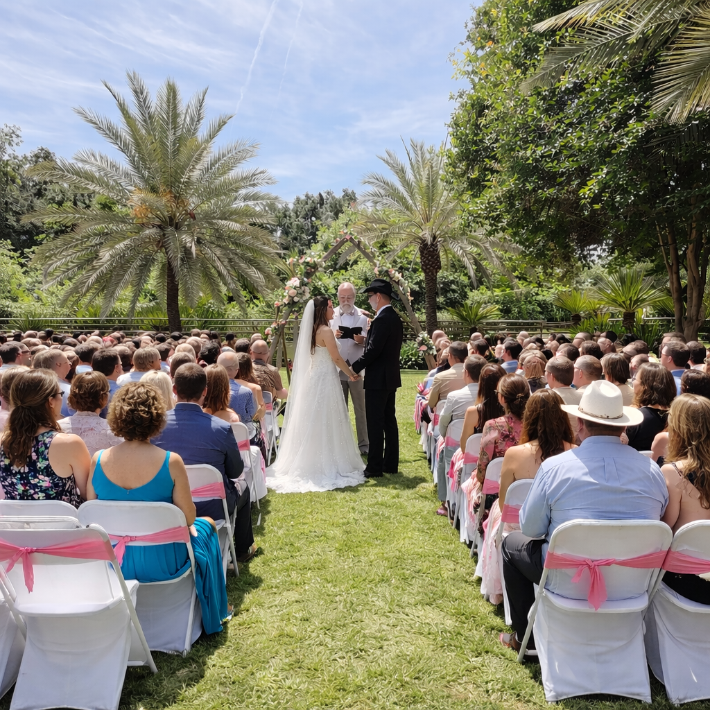 A wedding ceremony outdoors with the bride and groom holding hands while an officiant presides over the event, surrounded by seated guests on a sunny day with palm trees and greenery in the background.