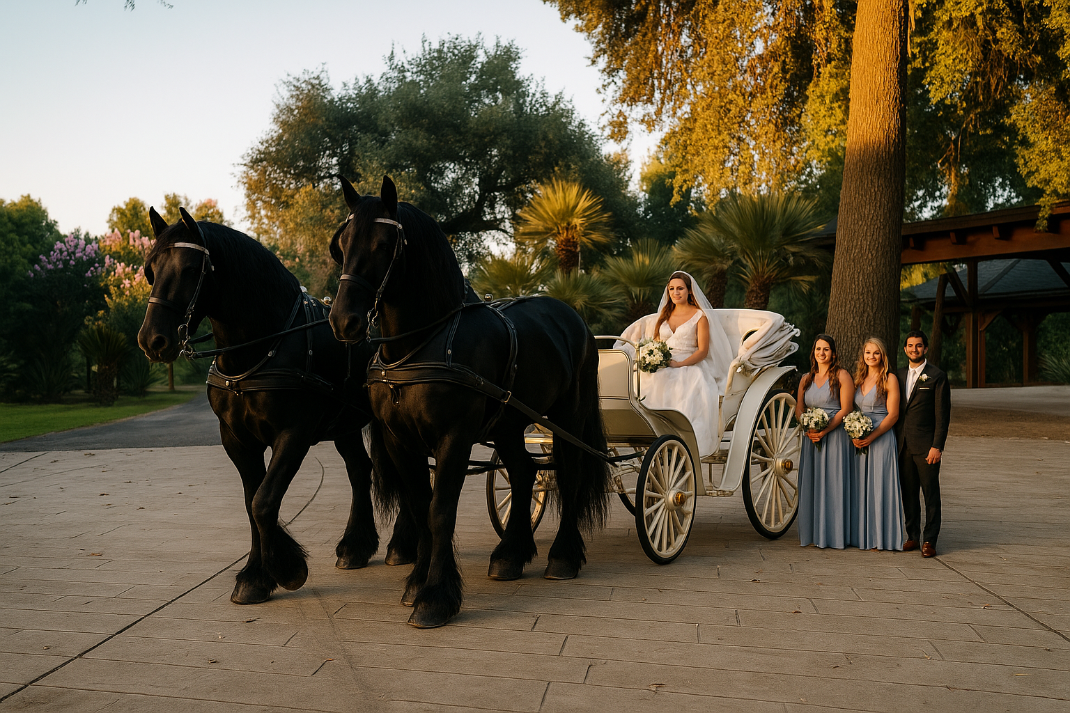A bride in a white wedding dress sitting in a horse-drawn carriage, holding a bouquet of white flowers, with three bridesmaids in matching blue dresses and a groom standing beside them outside during sunset in a park-like setting with tall trees and 
