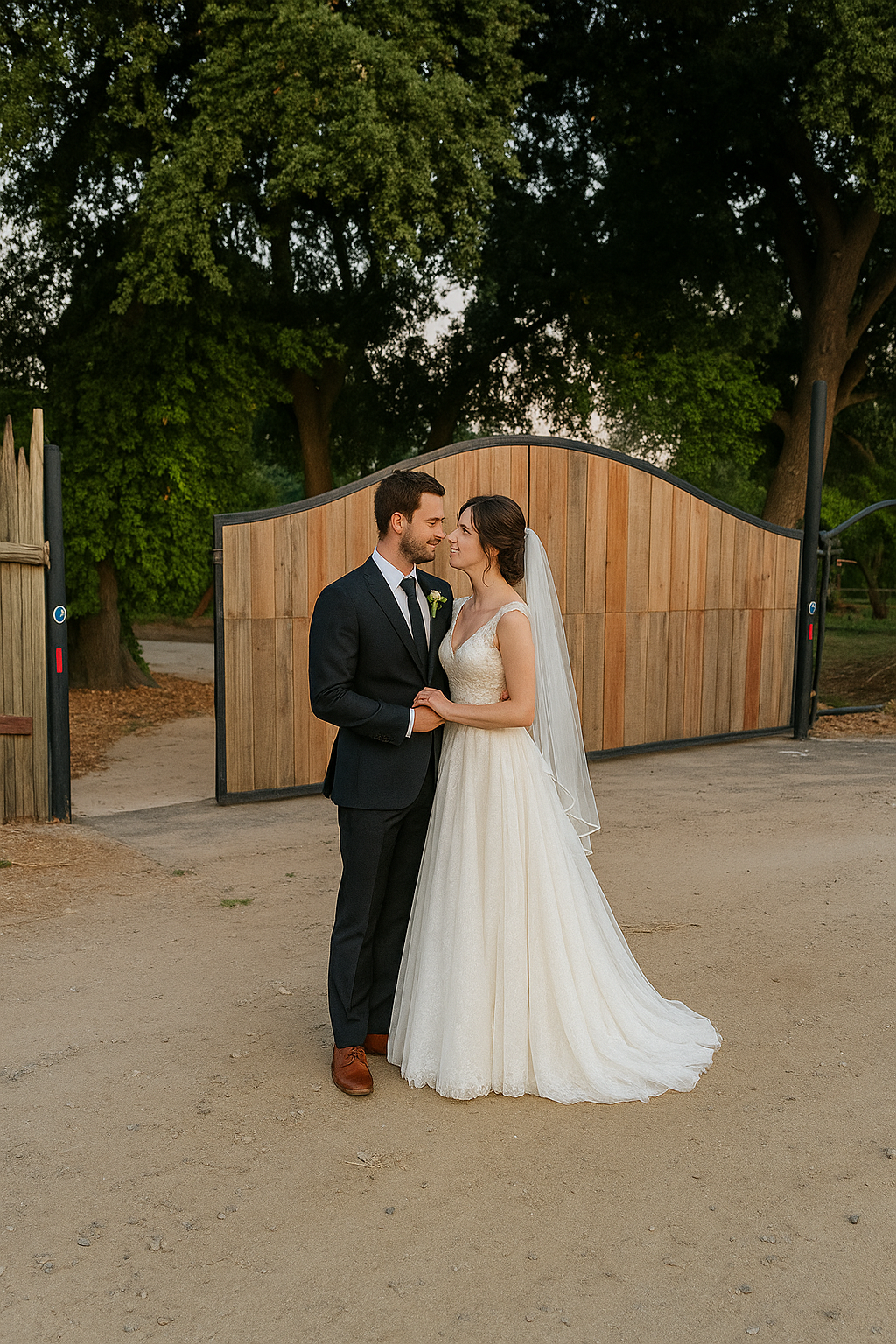 Bride and groom standing close together outdoors, holding hands, smiling, in front of a wooden gate near trees at sunset.