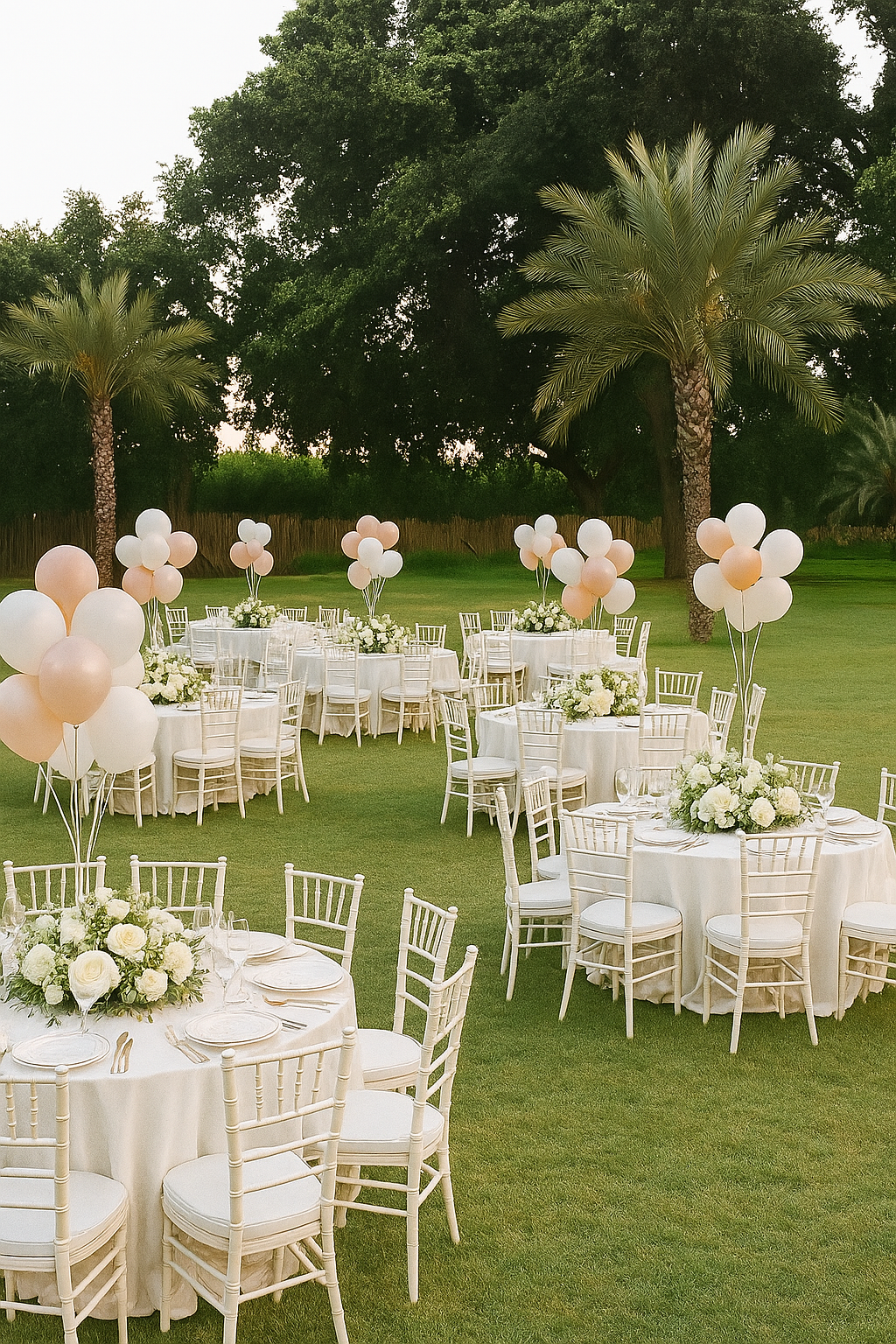 Elegant outdoor wedding reception setup with round tables decorated with white flowers and balloons, surrounded by white chairs on a grassy lawn with palm trees in the background.