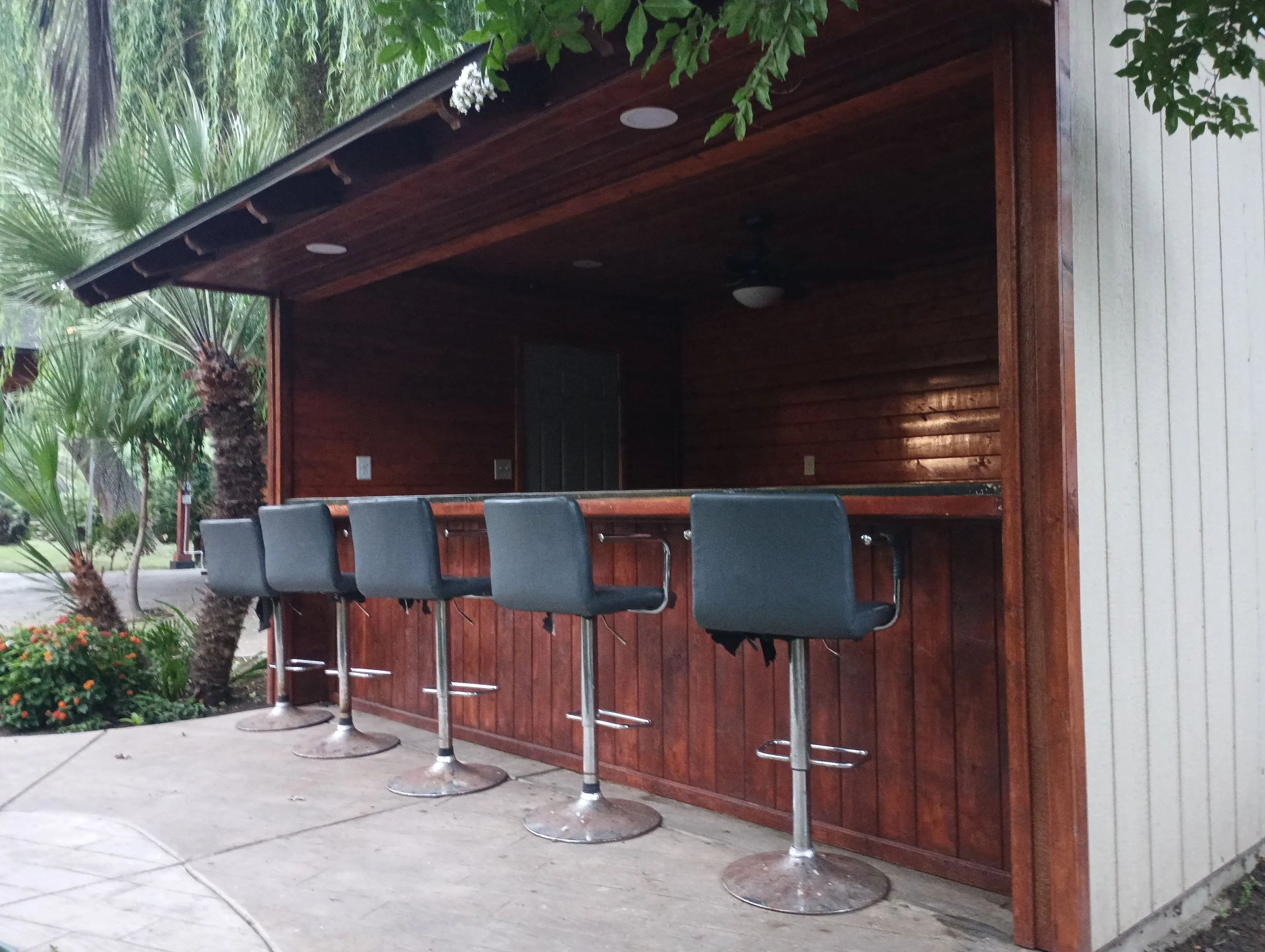 Outdoor wooden bar with four black bar stools, under a wooden roof, with palm trees and greenery in the background.