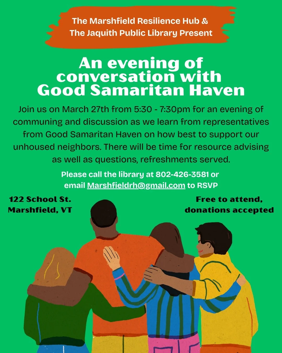 Join us on March 27th from 5:30 - 7:30pm for an evening of communing and discussion as we learn from representatives from Good Samaritan Haven on how best to support our unhoused neighbors. There will be time for resource advising as well as question