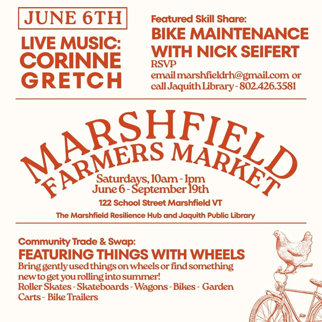The First Marshfield Farmers Market of the Season is right around the corner! We will have cake, live music, bike maintenance, a "Things with Wheels" trade and swap, prizes and more! Curious about vending, leading a skill share, or performi