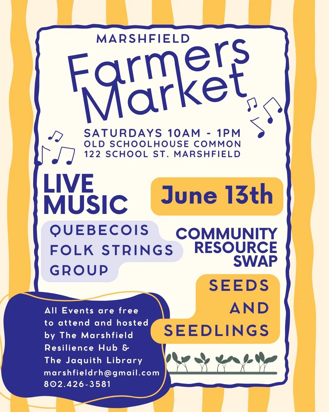 This week at the Marshfield Farmers Market: Live Music - Quebecois Folk Strings Group. Community Resource Swap - Seeds and Seedlings. Plus, vendors providing locally grown produce and flowers, prepared foods, and local artisans. Join us from 10am - 1