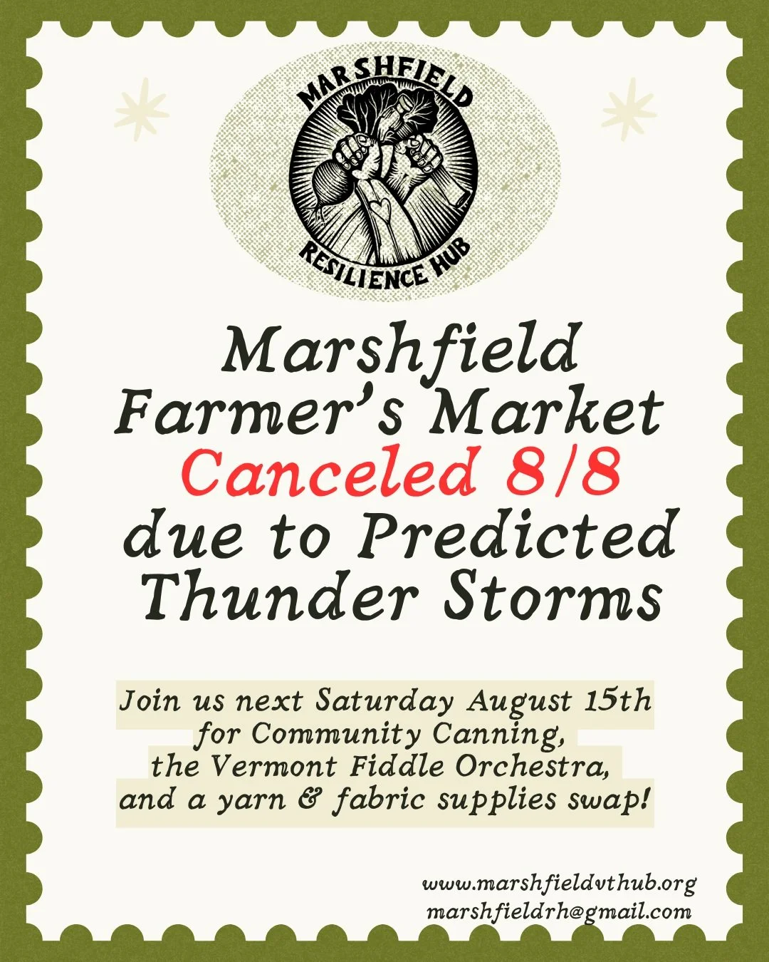 We hate to miss you this weekend, but Please come see us August 15th for our Second Community Canning Day!