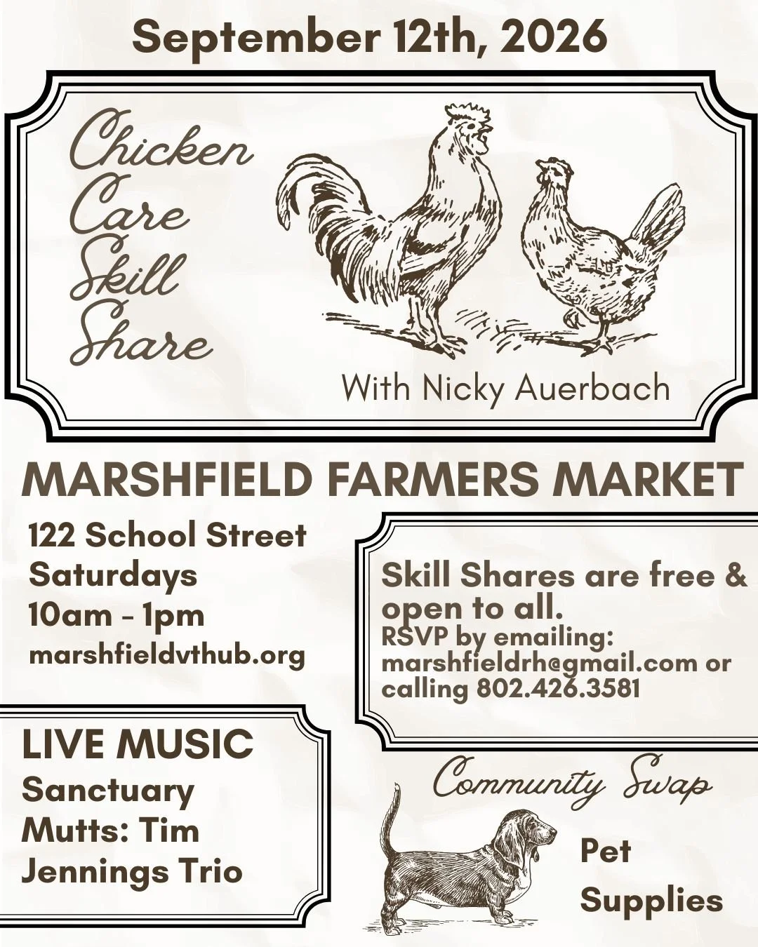 Join us this weekend for our second to last market, Nicky Auerbach will be leading us in a Skill Share all about caring for chickens, learn how to care for your flock with a 4H Leader!
Music will be by Tim Jennings &amp; Co: Sanctuary Mutts and our r