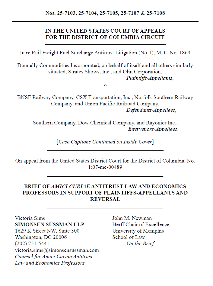 Simonsen Sussman LLP Submits Brief of Amici Curiae Antitrust Law and Economic Professors in Rail Freight Fuel Surcharge Appeal
