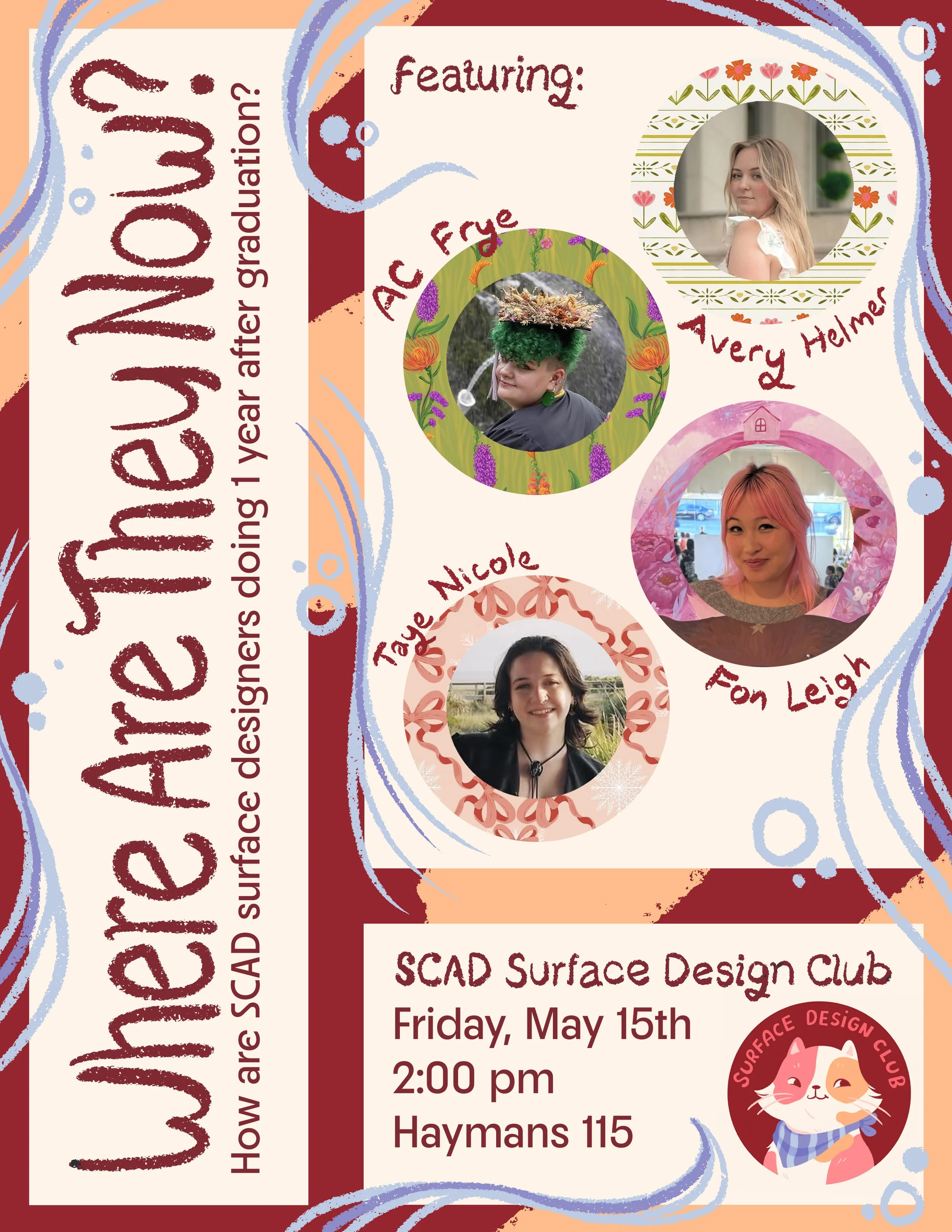 A poster for the SCAD Surface Design Club's last meeting for 2025-2026