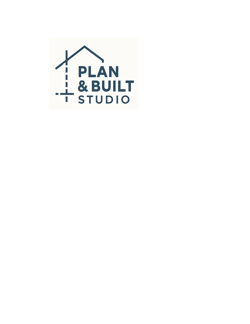 Logo for Plan & Built Studio, featuring a house outline with dashed lines and text in navy blue.