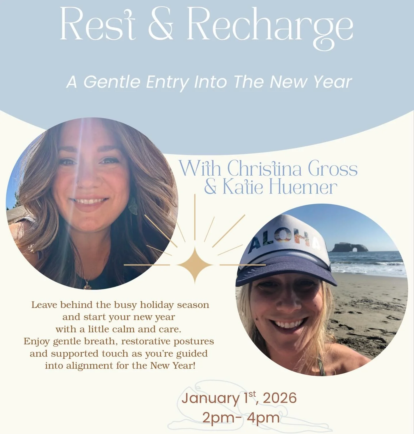 Rest &amp; Recharge Workshop: A Restorative Entry Into The New Year w Christina &amp; Katie ✨

Start your year off with deep rest &amp; rejuvenation. This workshops consists of a nidra style mediation, restorative yin yoga poses and gentle loving ass