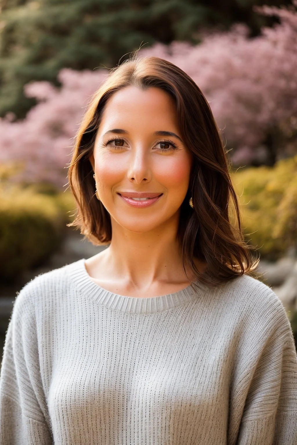 A smiling woman with shoulder-length brown hair, wearing a beige sweater, outdoors with pink flowering trees and greenery in the background.