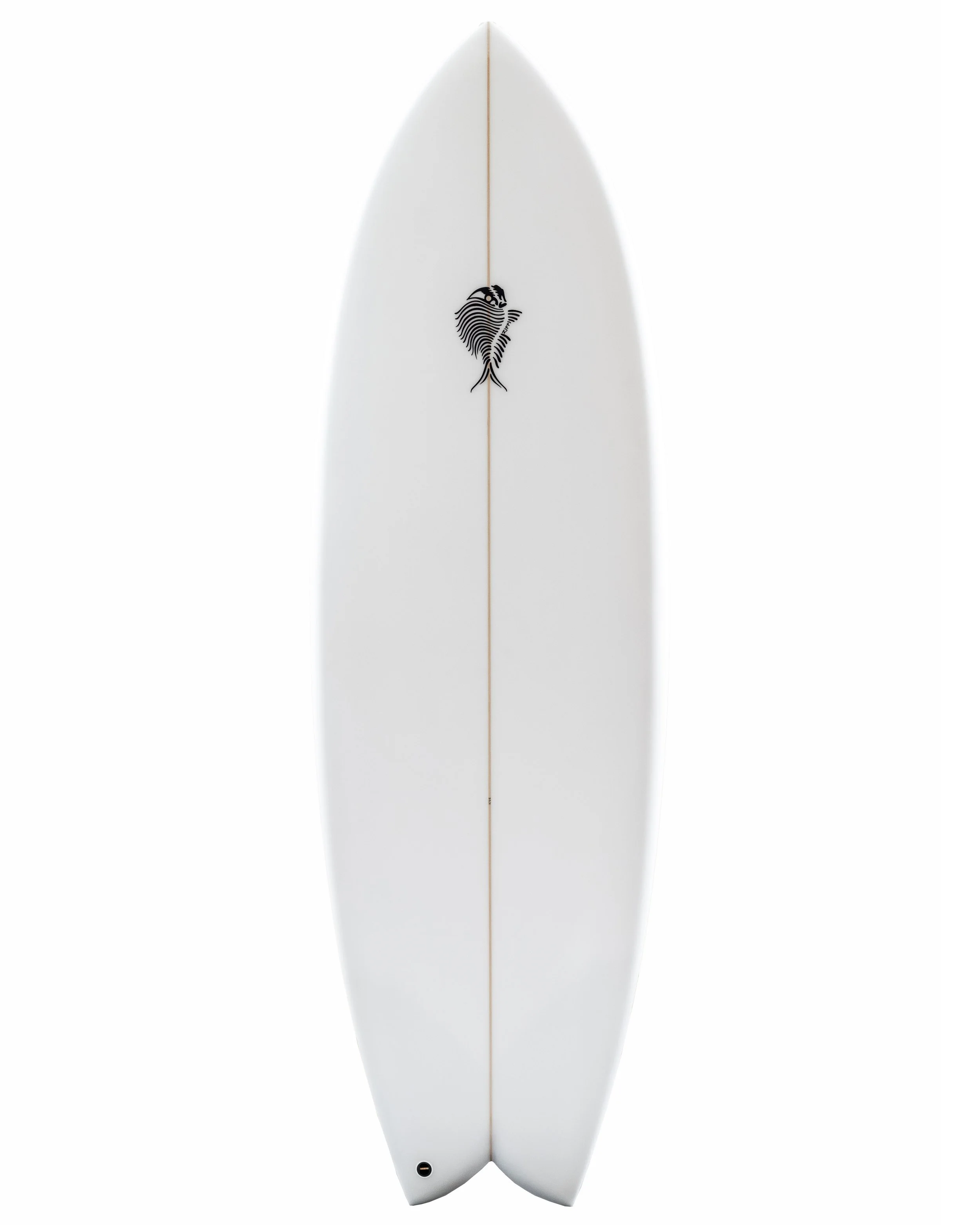 A white Zippi Fish  surfboard with a black and white fish logo near the top.