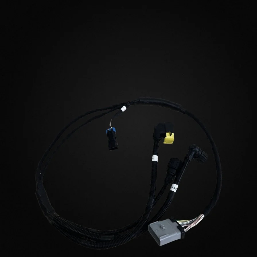 A wiring harness with multiple connectors and cables, set against a black background.