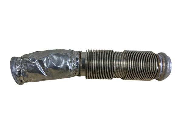 An industrial flexible duct hose with a metallic ribbed section and aluminum foil sheet covering part of it.