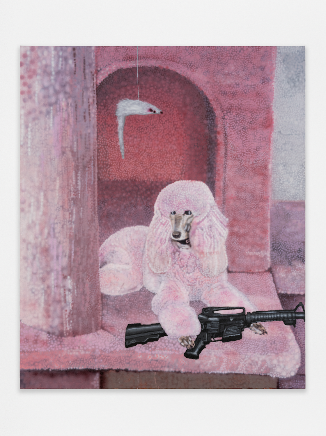 Poodle with AR in Cat Condo, 2024, Acrylic on canvas, 60 x 50 in / 152,4 x 127 cm