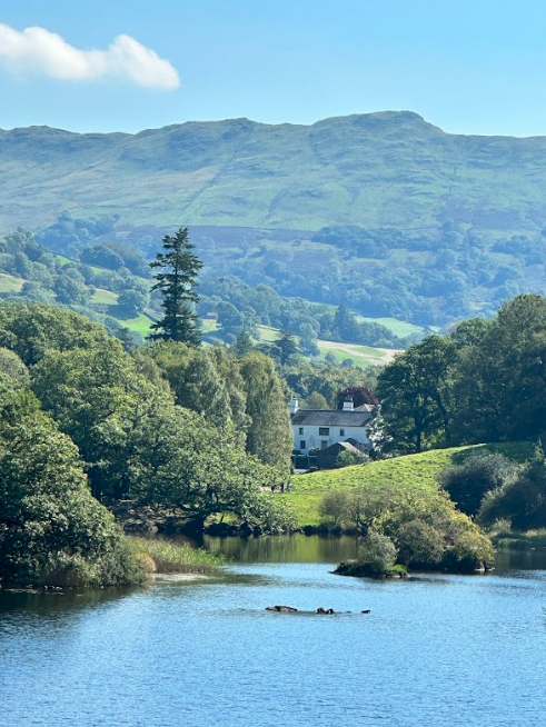 A beautiful lake with rolling hills, trees, and a white house in the background.