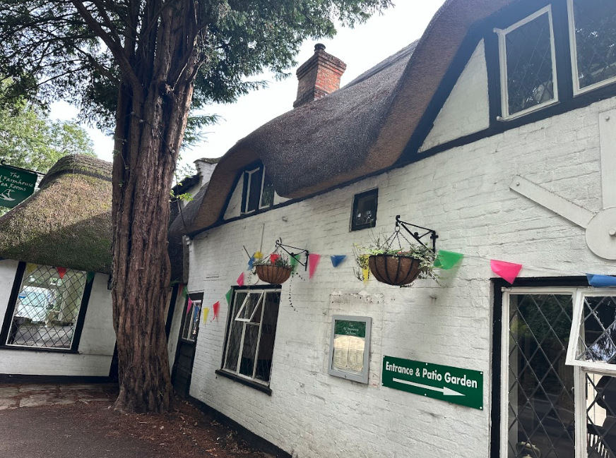 A white building with a thatched grass roof and leaded windows.