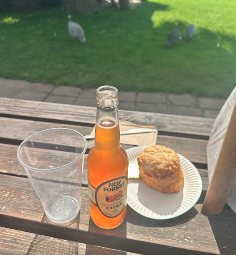 A bottle of cider and a scone sit on a picnic table with grass and birds in the background.