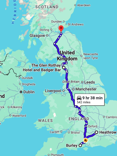 A map displaying a route from Heathrow Airport, to Burley, to the Lakes District, to Edinburgh, Scotland.
