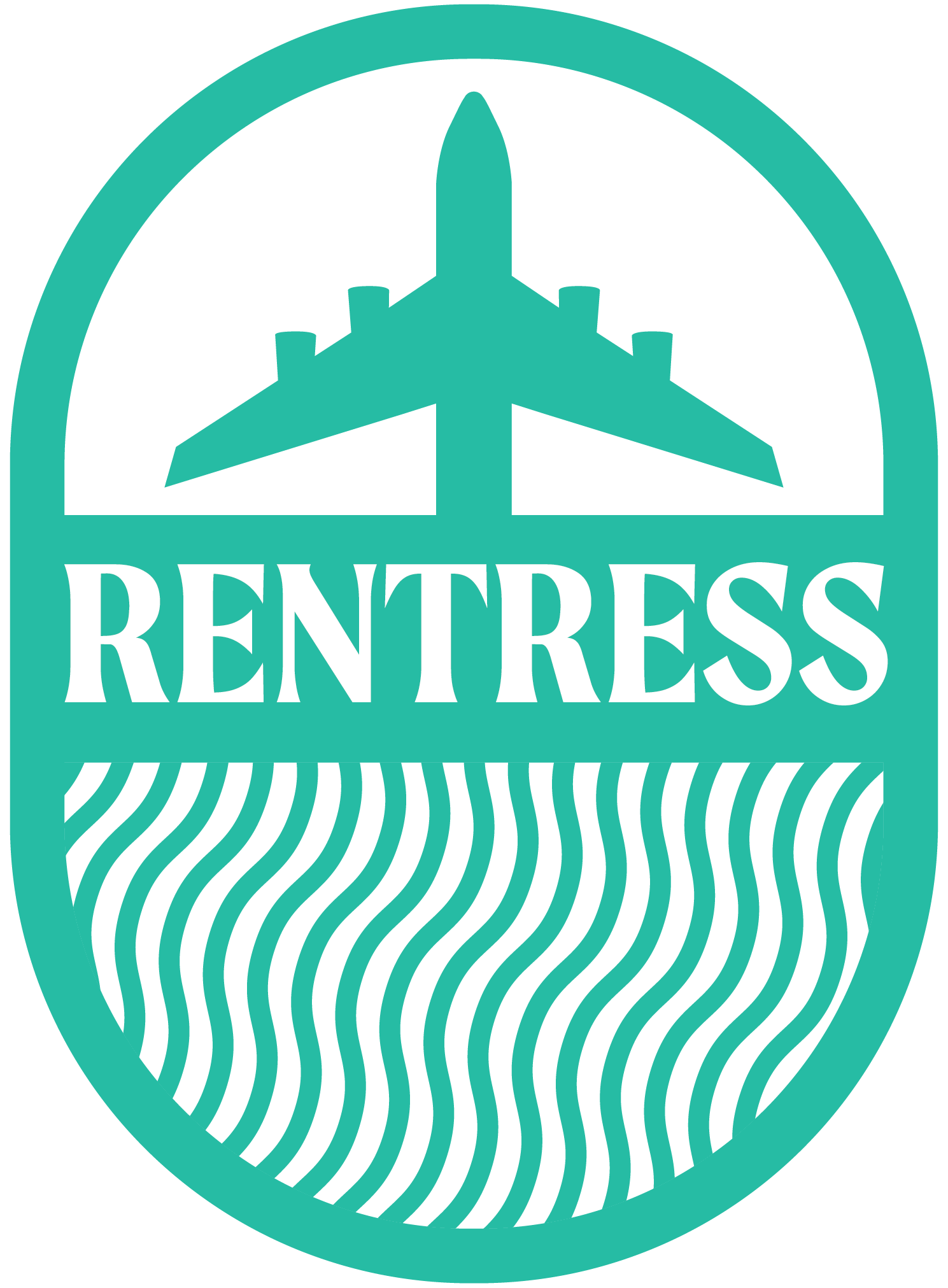 A teal logo with an airplane silhouette at the top and the word 'RENTREESS' in white capital letters below it, with wavy lines underneath.