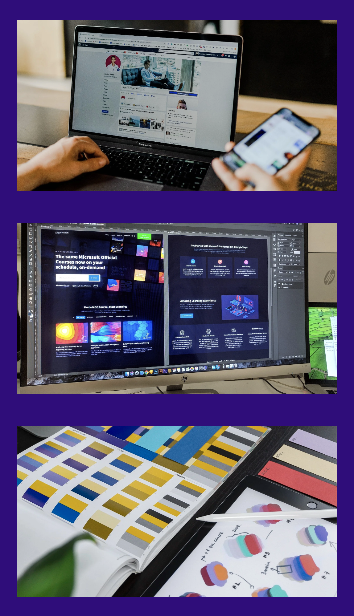Photo collage of a workspace with a computer monitor displaying a website design, a color palette with swatches, sketches of color combinations, and design tools on a desk.