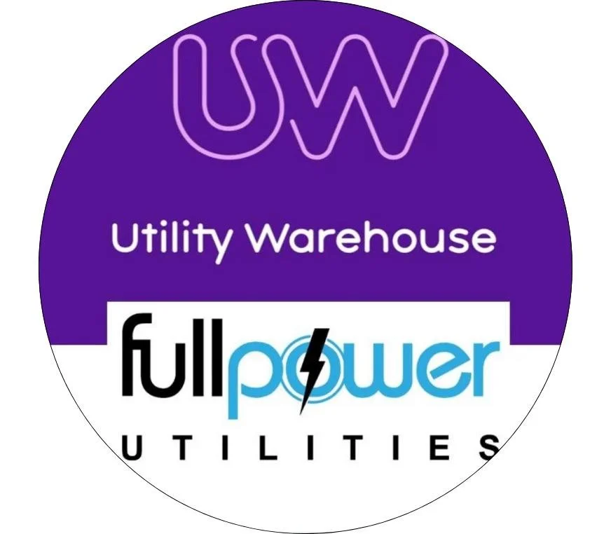 Purple circular logo with 'UW' in neon letters at the top, 'Utility Warehouse' in white text, and 'fullpower UTILITIES' at the bottom with a lightning bolt symbol replacing the letter 'o' in 'power'.