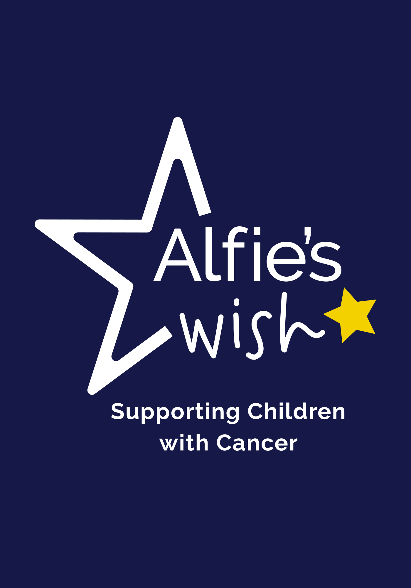 Logo for Alfie's Wish, supporting children with cancer, featuring a large white star with a yellow star accent and the organization name in white and yellow text on a navy background.