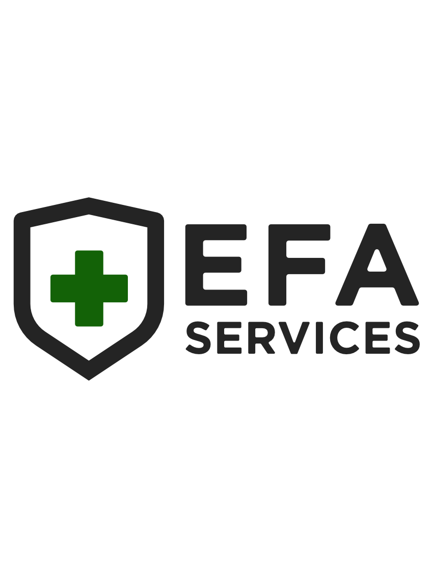 Logo for EFA Services featuring a shield with a green medical cross and the company name in black text.