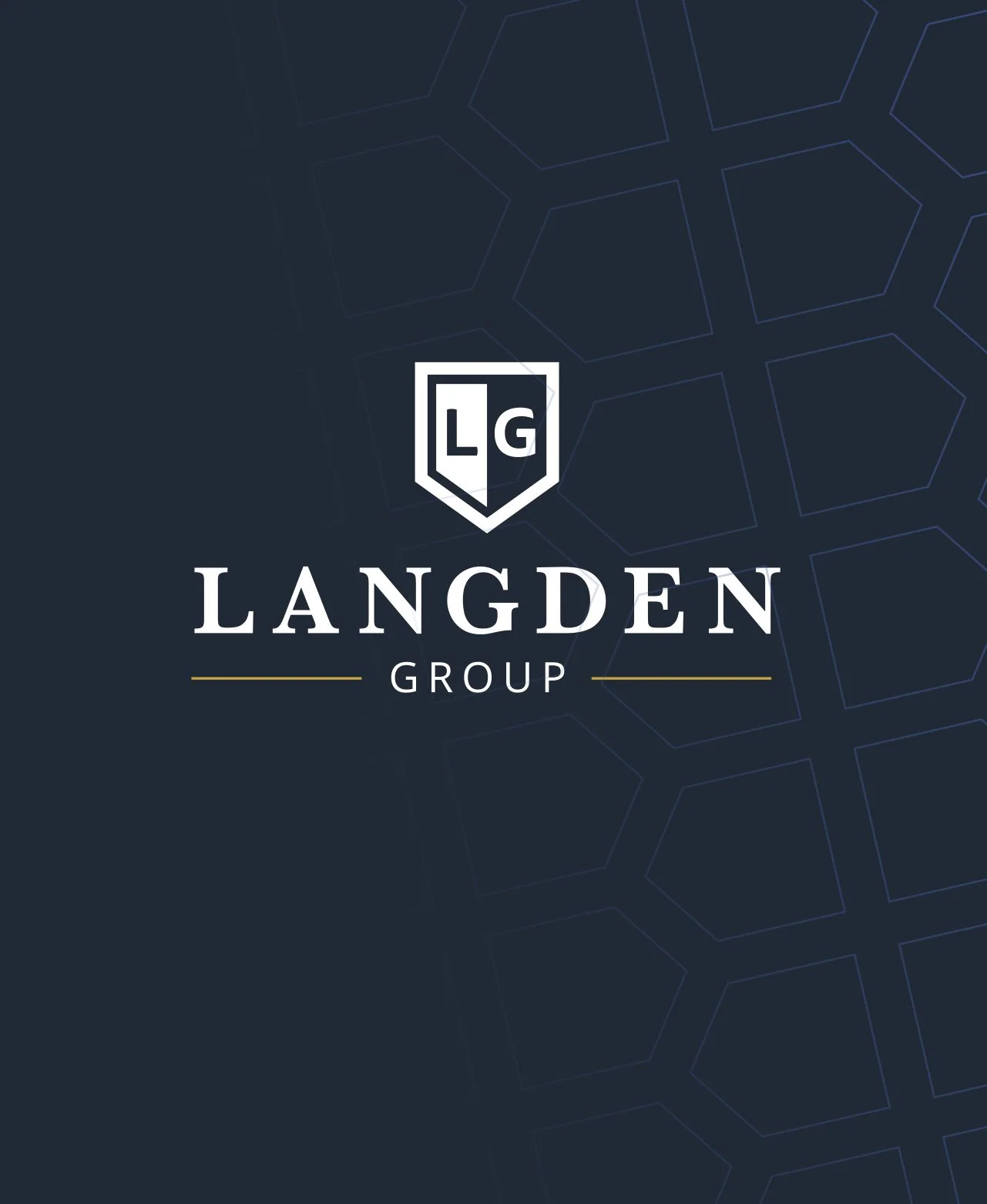 The image displays a dark background with a pattern of geometric shapes. In the center, there is a logo with a shield outline and the letters "LG" inside it. Below the logo, the text reads "LANGDEN GROUP" with gold lines on either side of "GROUP."