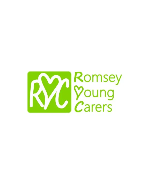 Green logo for Romsey Young Carers with stylized initials and the name next to it.