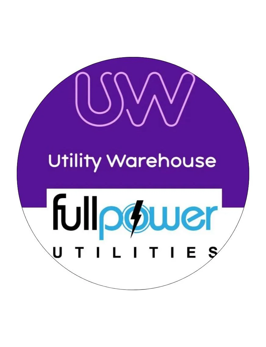 Logo with purple and white background, featuring the text "UW" in purple, "Utility Warehouse" in white, and "fullpower UTILITIES" with a lightning bolt through the letter "p" in "power".