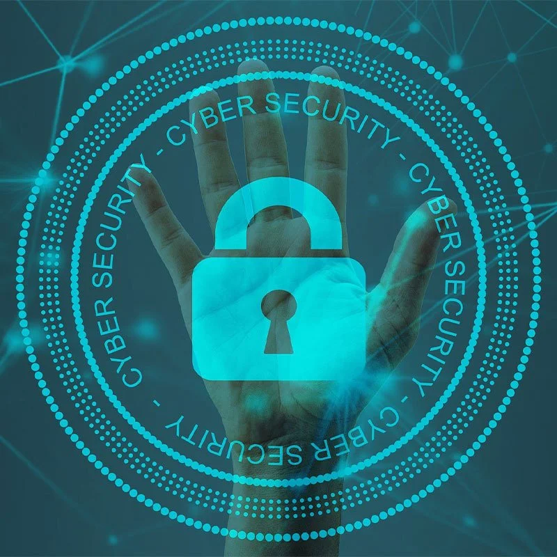 Digital illustration of a hand with an overlay of a padlock and the wordscyber security repeated in a circular pattern, representing cybersecurity.