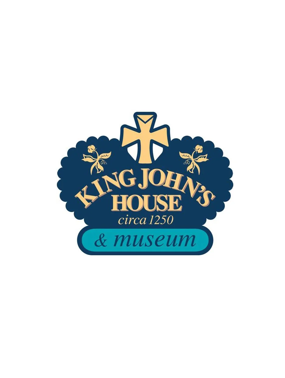 Logo for King's John’s House and Museum, established circa 1250, featuring a cross, roses, and waves in navy, beige, and teal.