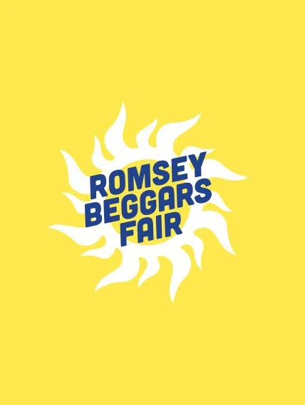 Yellow background with a stylized white sun and blue text that reads 'Romsey Beggars Fair'.