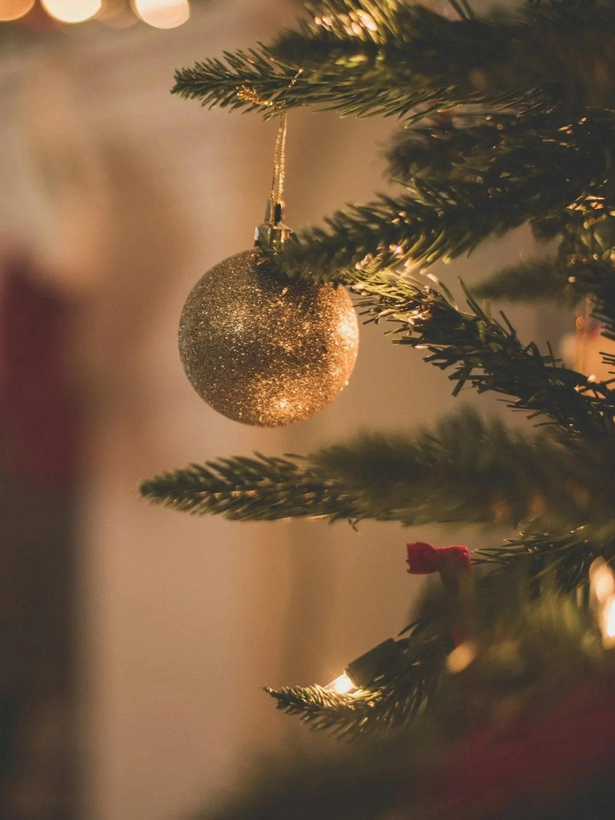 A close-up of a glittery gold Christmas ornament hanging on a decorated Christmas tree with lights in the background.