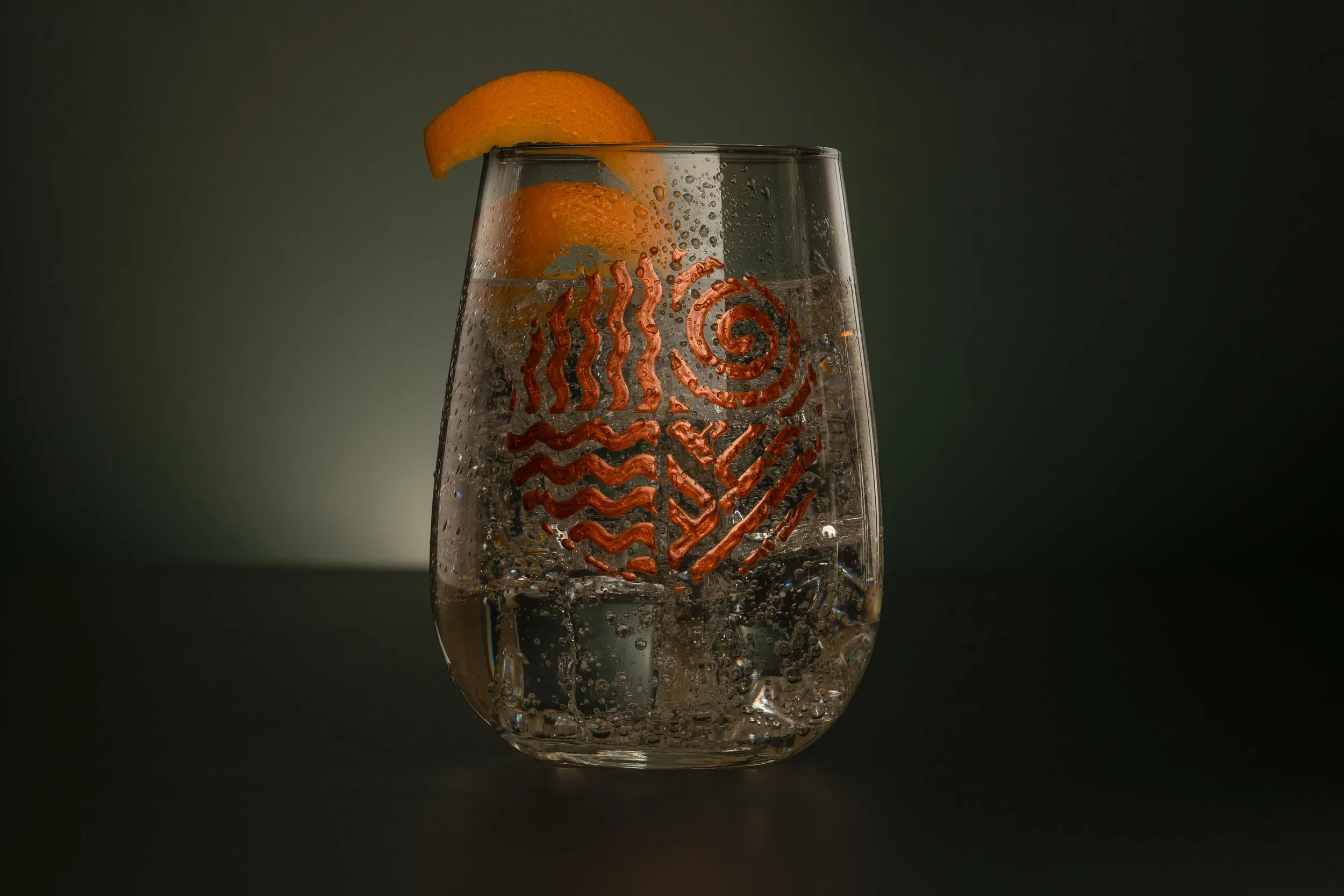 Strontian Gin Glass Photograph with orange twist and ice