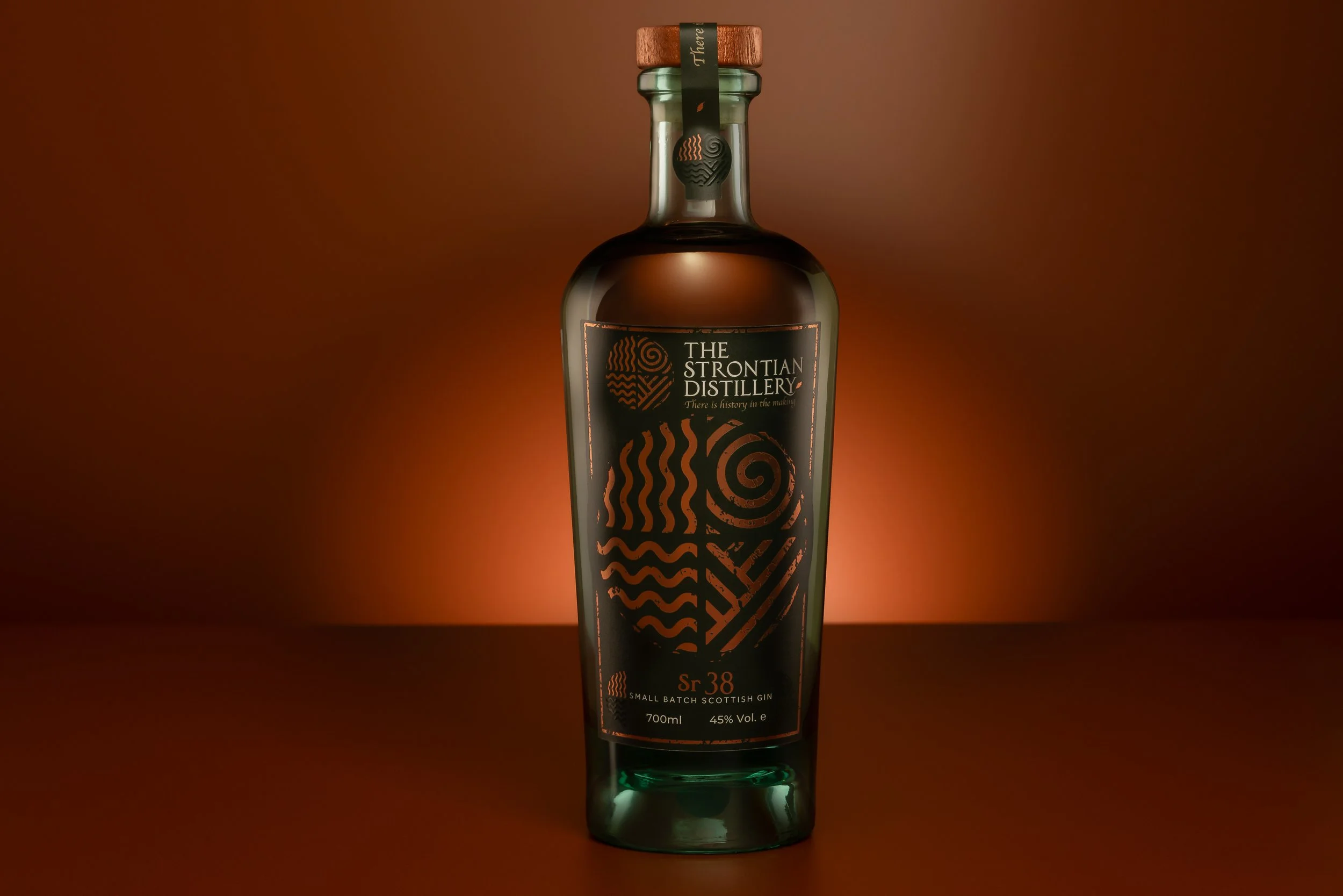 Strontian Gin Sr38 bottle photograph taken from the front