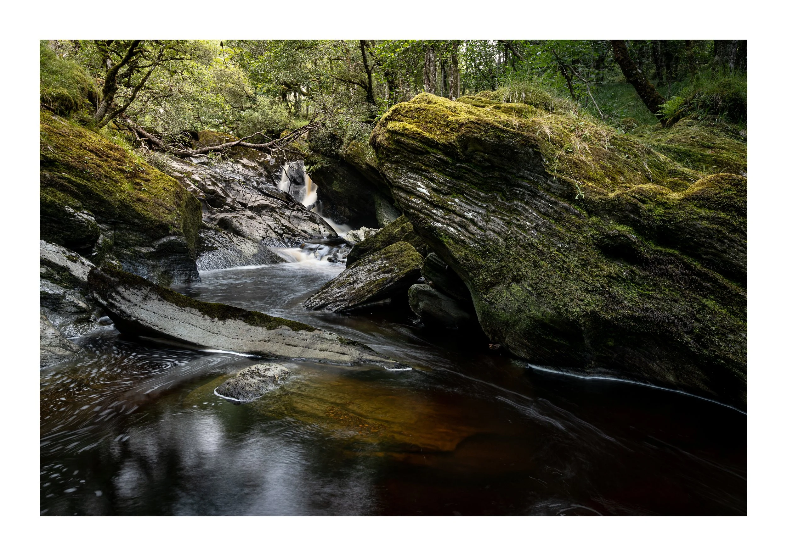 A picture of a river flowing through rocks deep in a forest