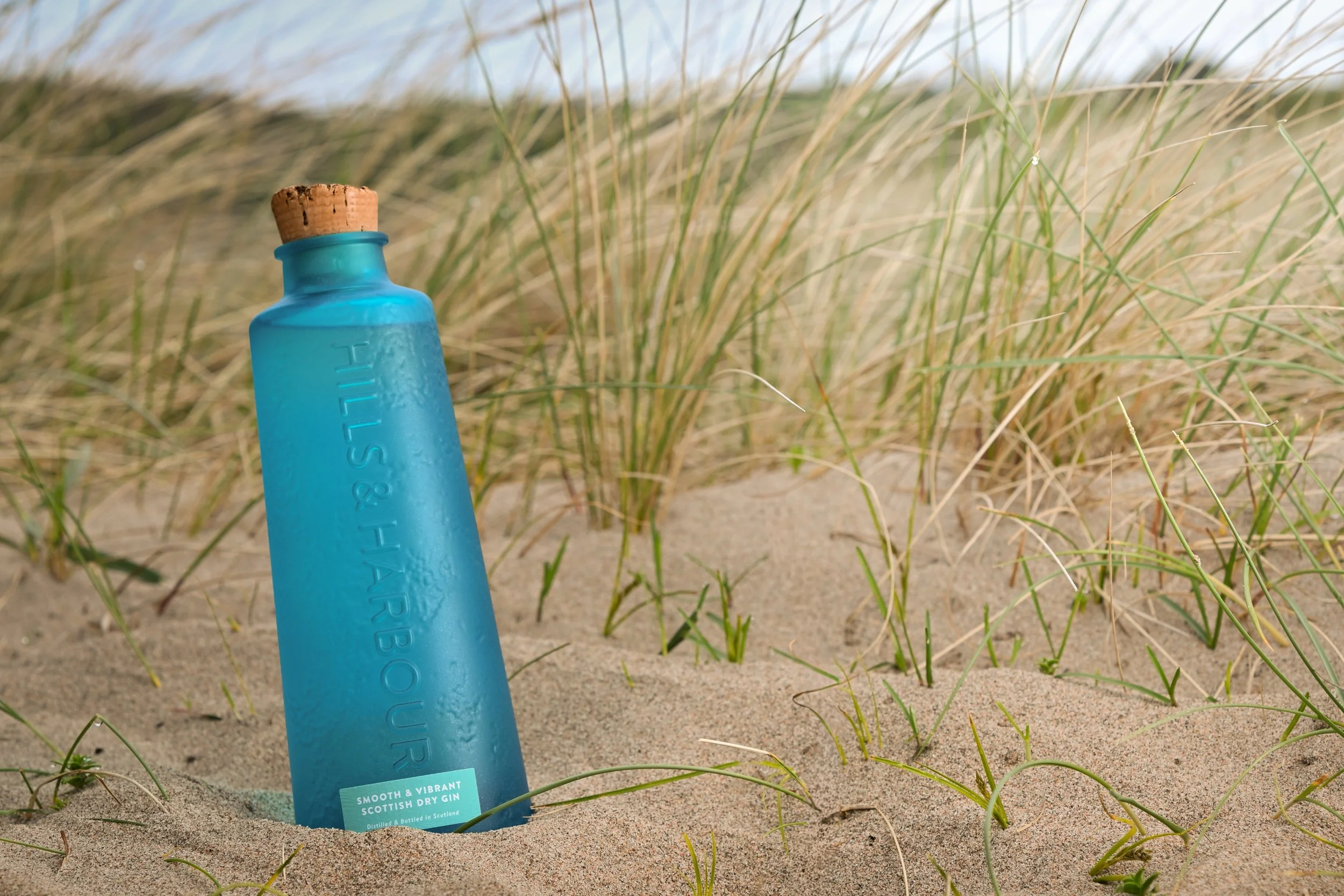 A bottle of Hills and Harbour Gin in the sand at the beach with grasses behind it