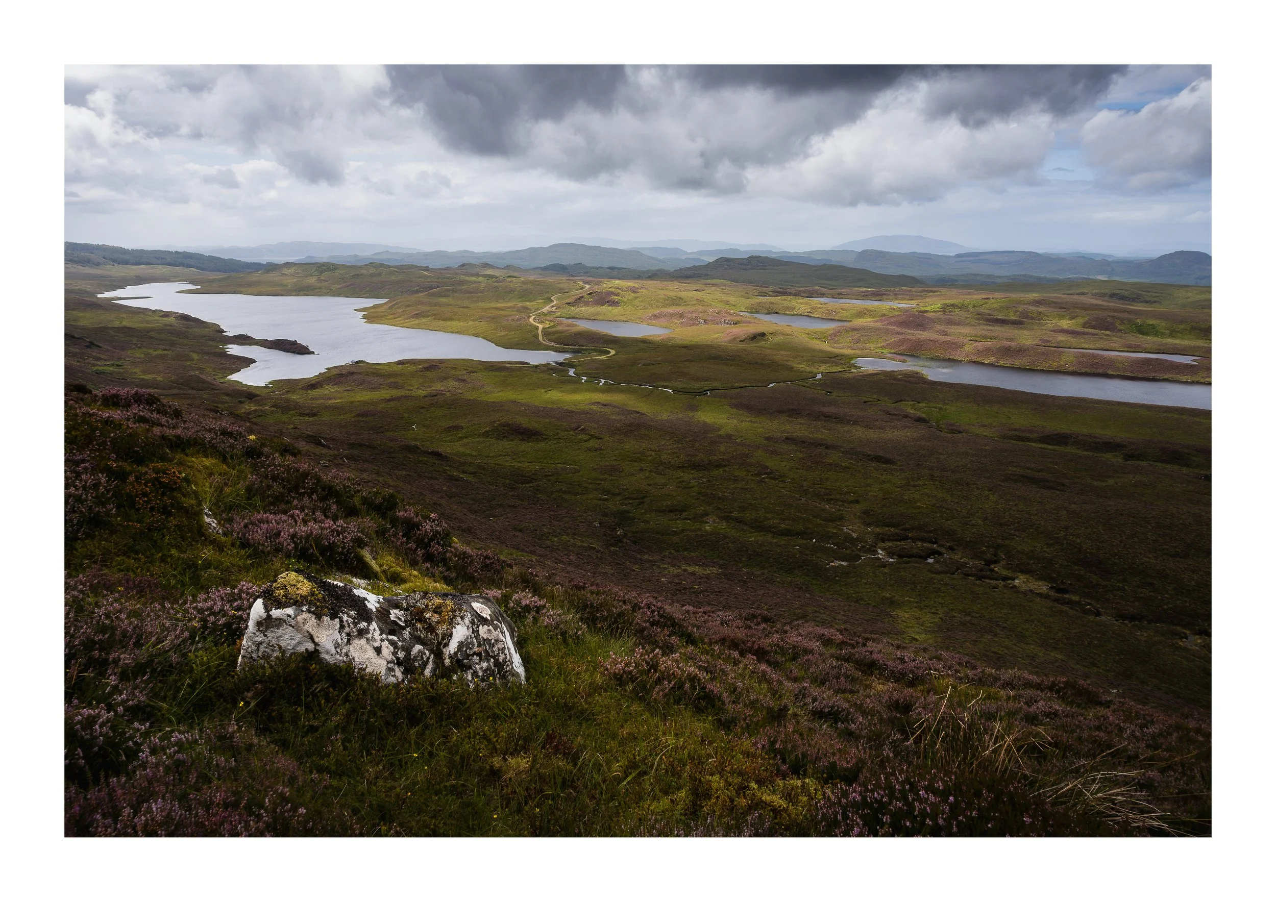 A picture of lochs surrounded by heather
