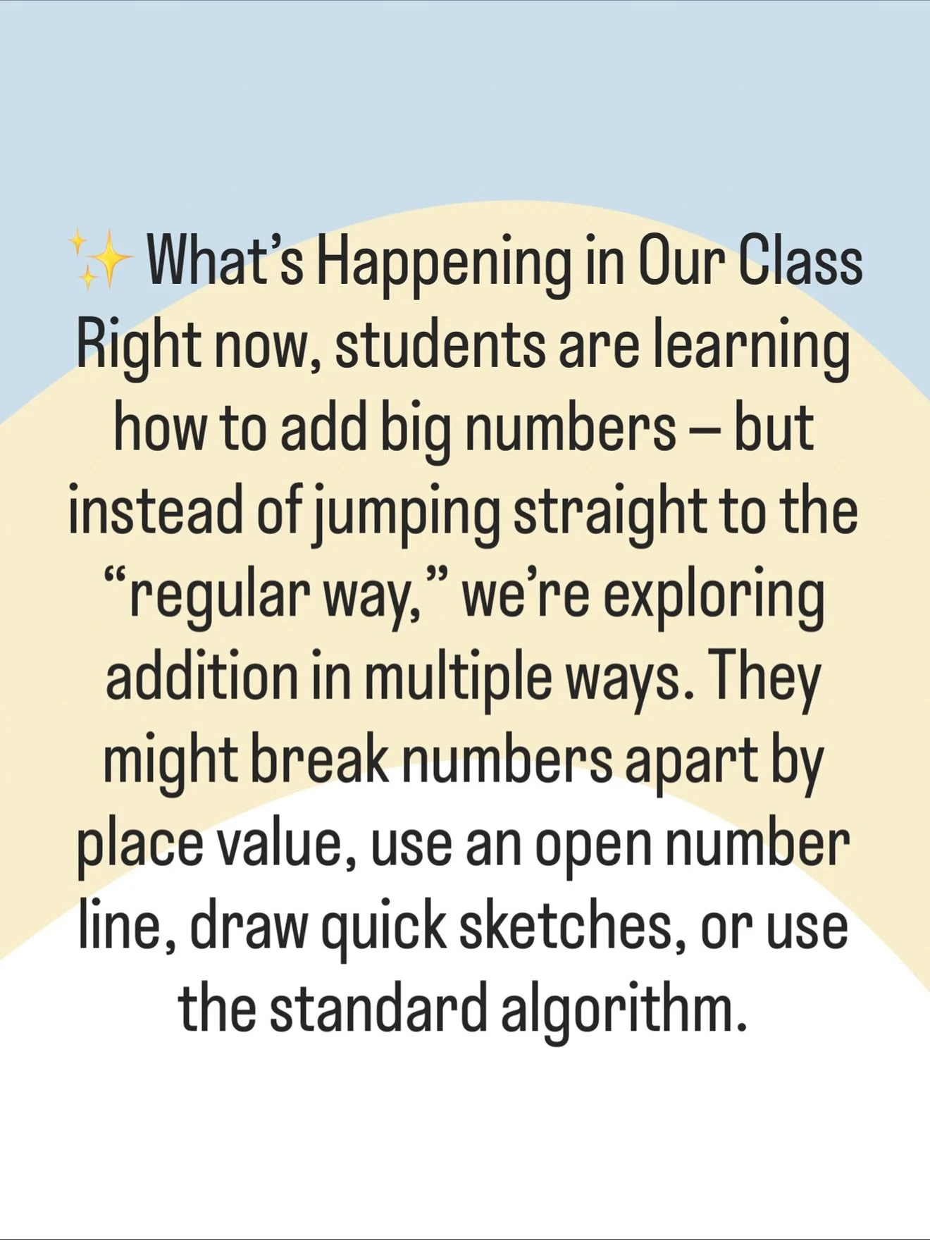 Addition doesn’t just have one right way — and that’s the magic β¨. In our class, students are learning to explore numbers with place value, number lines, quick sketches, and yes, the ‘regular way’ too.
Why? Because when