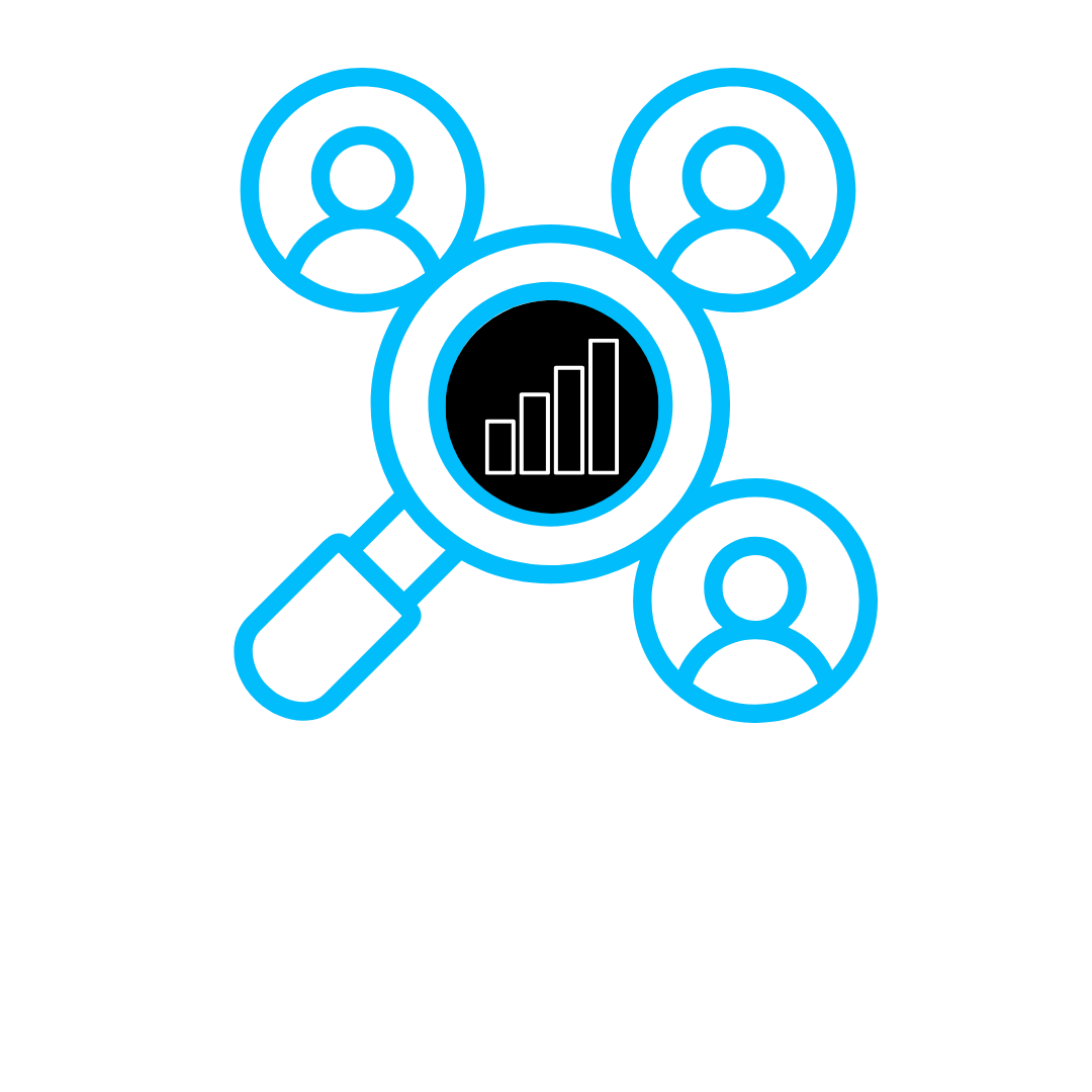 Icon illustrating competitor analysis with magnifying glass, bar chart, and four user icons, in blue and white colors.