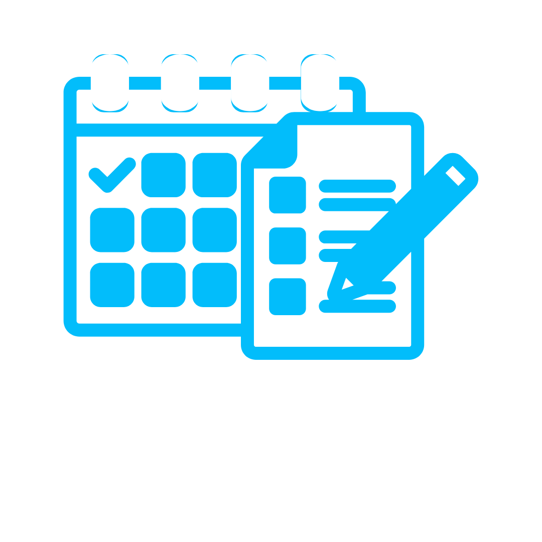 Icon of a calendar, checklist, notepad, and pen representing content planning