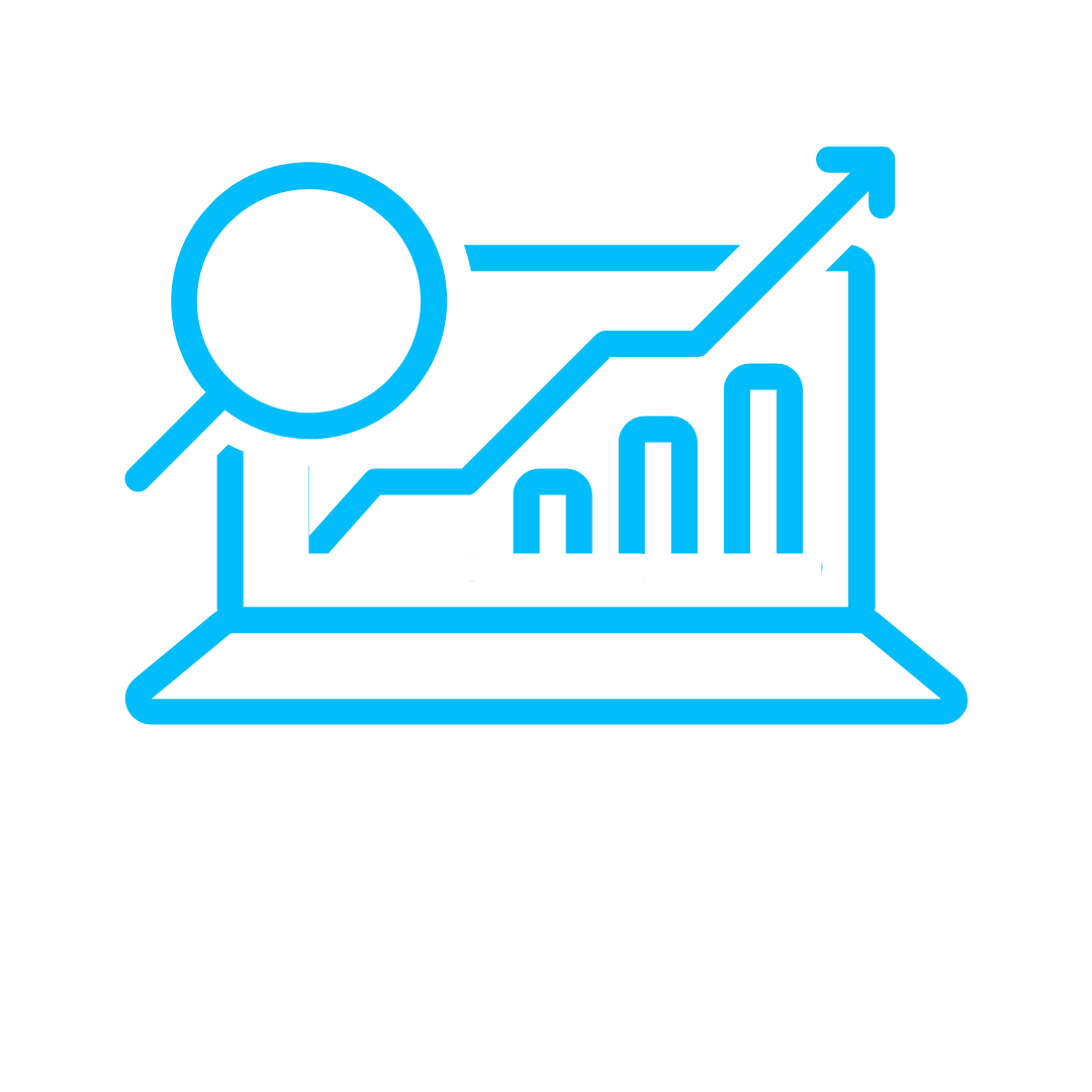 Blue line and bar graph with an upward arrow on a computer screen, representing web analytics, with the text 'WEB ANALYTICS' below.