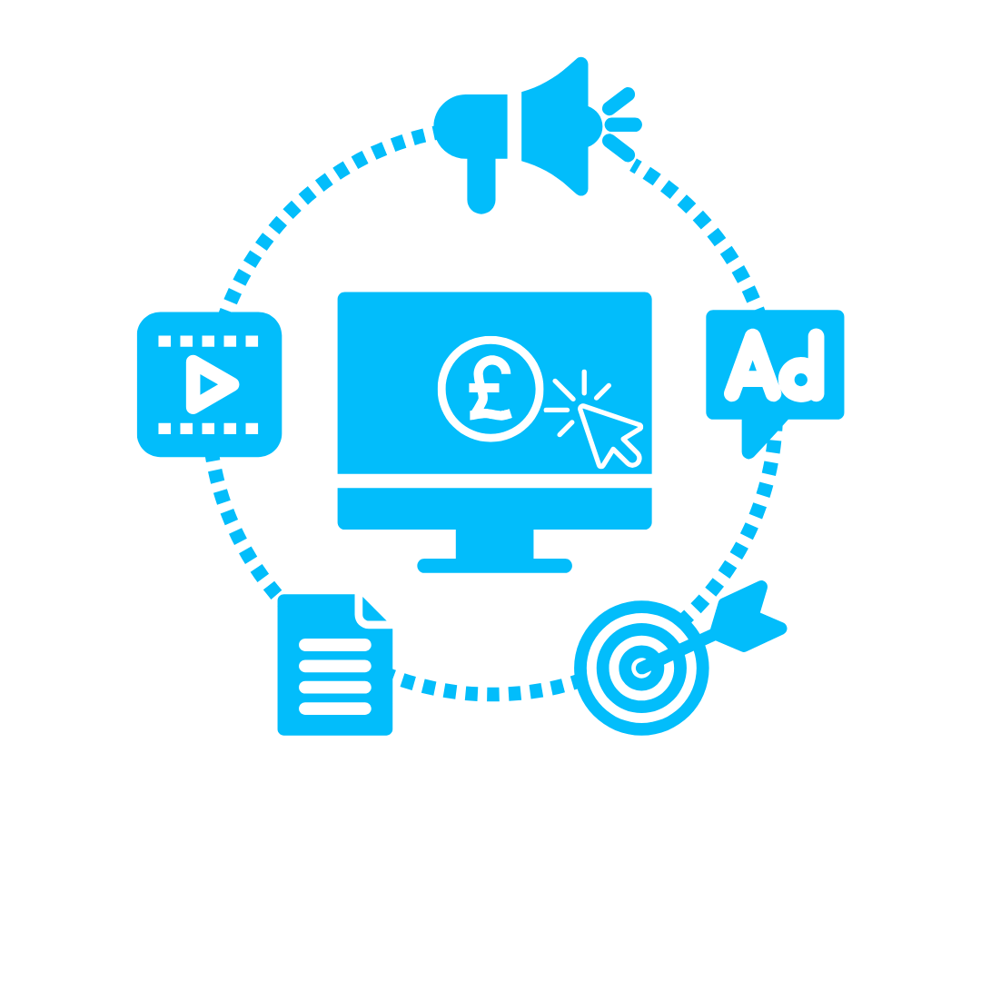 Icon representing paid media marketing with a computer monitor showing a pound sign and click cursor, surrounded by social media, video, document, target, and advertising icons, with the text Paid Media below.