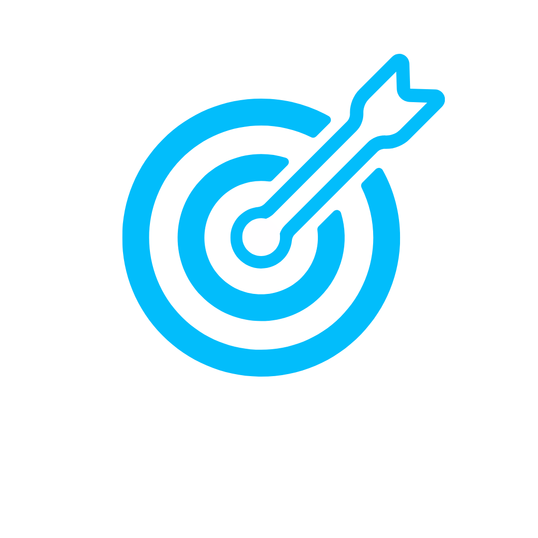 Blue target with an arrow hitting the bullseye, and the word 'Strategy' below.