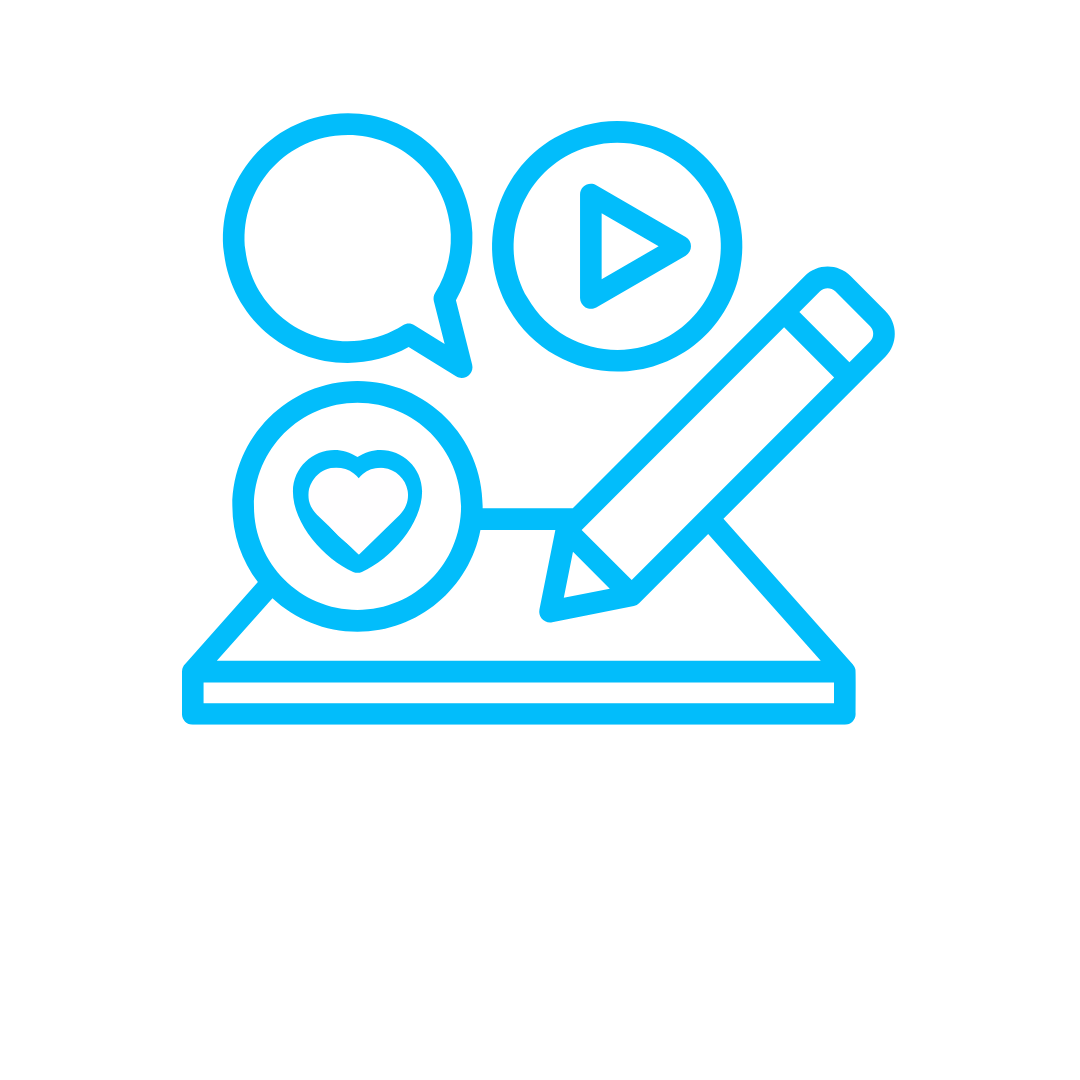 Outline icon of a tablet with a pencil writing, surrounded by speech bubble, play button, and heart symbols, and the text 'Content Creation' below.