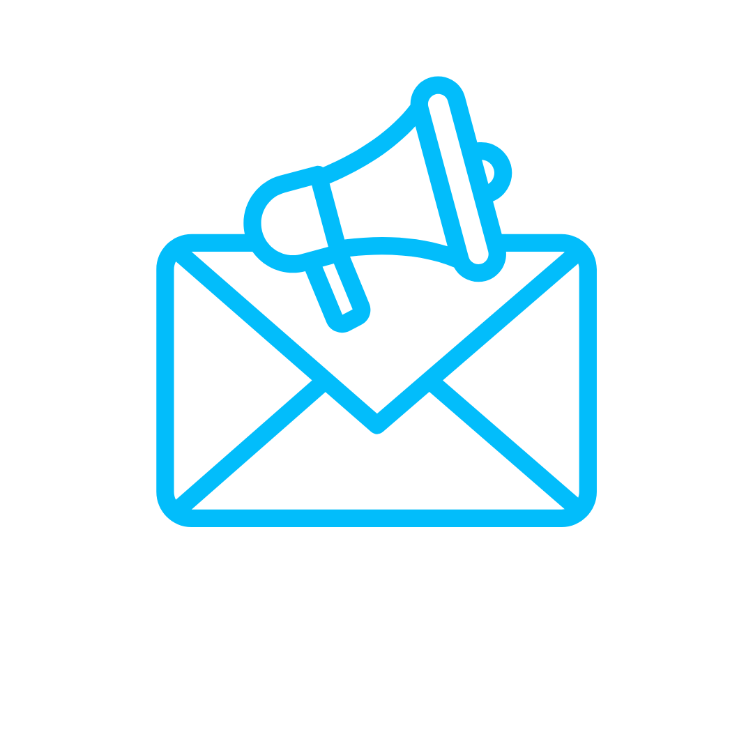Blue neon outline of an email envelope with a megaphone inside and white text saying "Email Marketing" beneath.