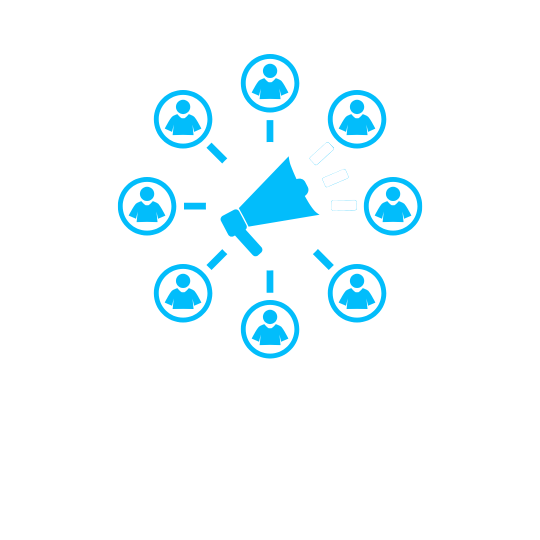 Diagram with a megaphone at the center connected to eight icons of people surrounding it, symbolizing affiliate marketing, with bold text underneath reading 'Affiliate Marketing.'